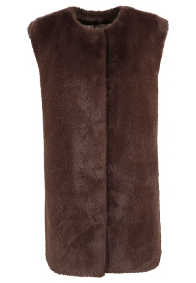 Herno Mid-length Faux Fur Vest With Concealed Closure And Welt Pockets In Brown
