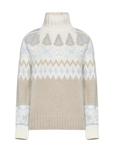 Herno Milky White Wool And Cashmere Blend Sweater With Norwegian Jacquard Pattern.