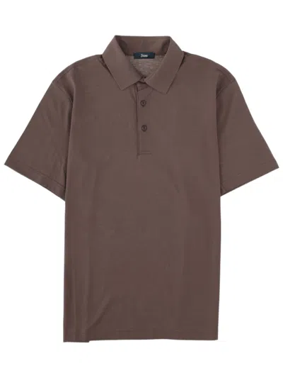 Herno Minimalist Smooth Cotton Polo Shirt In Brown