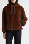 Herno Dark Brown Faux Fur Bomber Jacket With Custom Drawstring Hood In Brown