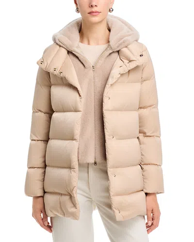 Herno Mixed Media Faux Fur Trim Puffer Jacket In Neutral
