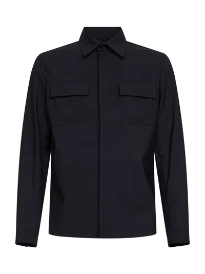 Herno Navy Blue Bi-stretch Wool Canvas Shirt In Black