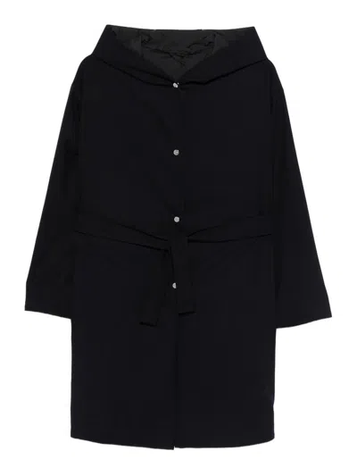 Herno Navy Blue Hooded Overcoat With Side Pockets