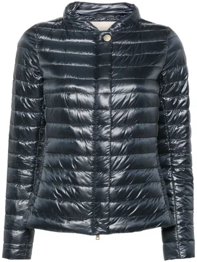 Herno Navy Blue Padded Down Jacket With Logo-engraved Gold-tone Hardware For Women