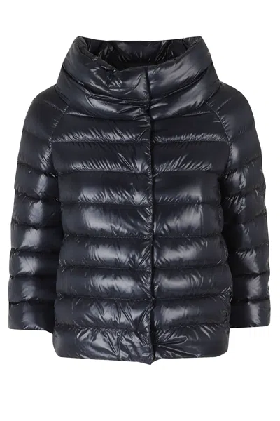 Herno Navy Blue Sofia Crater Neck Jewel Sleeves Polyamide Down Jacket In Black