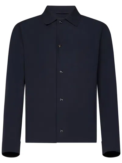Herno Navy Double Bi-stretch Fabric Shacket With Logo Buttons In Navy Blue