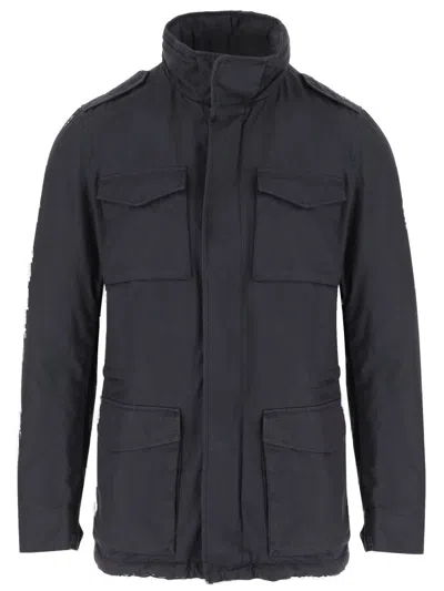 Herno Navy Linen Jacket With Classic Collar And Buttoned Cuffs In Black