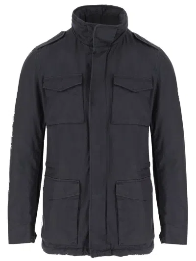 Herno Navy Linen Jacket With Classic Collar And Buttoned Cuffs In Black