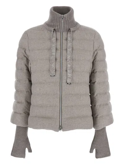 Herno Beige Down Jacket With Drawstring High Neck And Removable Gloves In Tech Fabric Woman In Gray