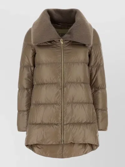 Herno Nylon Down Jacket High Neck Faux Fur In Brown