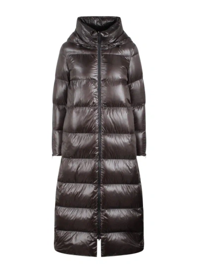 Herno Nylon Long Down Jacket In Fondente
