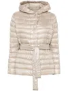 Herno Hooded Belted Waist Puffer Jacket In Beige