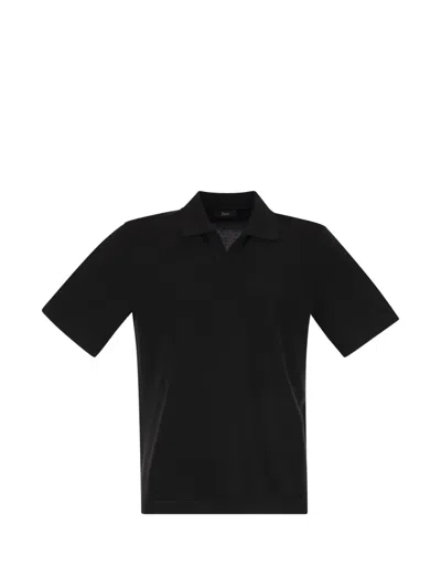 Herno Cotton Jersey Polo Shirt With Open Collar In Black