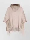 Herno Oversized Hooded Cape With Fringe And Pockets In Pink