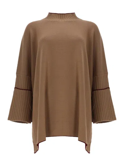 Herno Oversized Knit Top With Flared Sleeves And Asymmetrical Hem In Brown