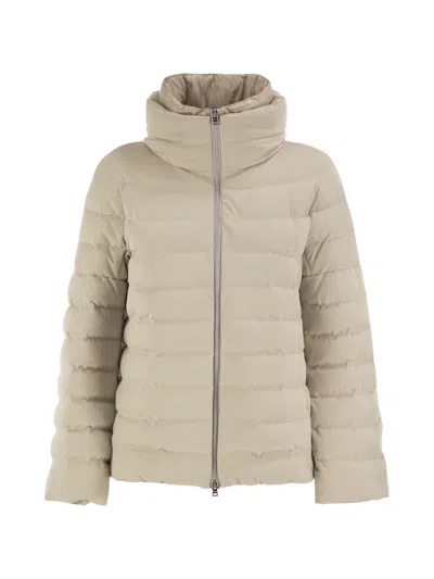 Herno Technical Suede-effect Down Jacket With Padded High Collar In Neutral