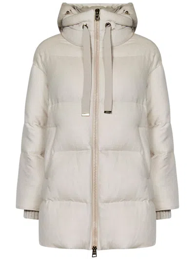 Herno Hooded Midi Down Jacket With Silk And Cashmere Blend In Neutrals