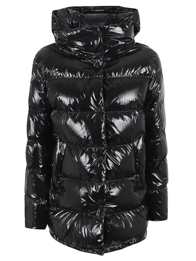 Herno Hooded Long Jacket Quilted Shiny Finish In Black