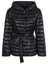 Herno Belted Waist Hooded Long Quilted Shiny Jacket In Nero