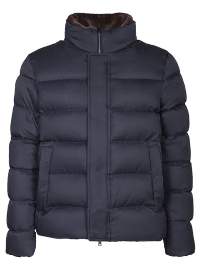 Herno Short Down Jacket With Detachable Fur Insert In Navy Blue