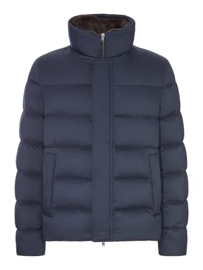 Herno Padded Puffer Jacket With A High Collar And Faux-fur Lining In Blue