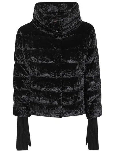 Herno Black Cape With High Neck And Logo Plate On Rhe Rear In Velvet Woman
