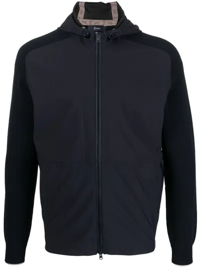 Herno Panelled Zip-up Hooded Jacket In Blue