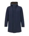 Herno Hooded Long Length Padded Coat With Button Pockets In Blue