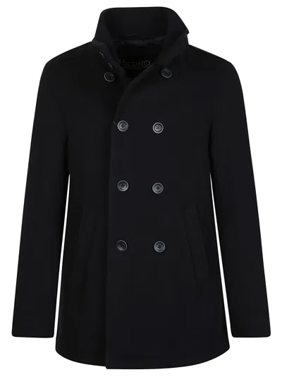 Herno Double-breasted Wool-blend Short Coat In Blue