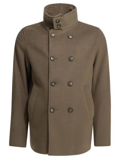 Herno Double-breasted High-neck Coat In Brown