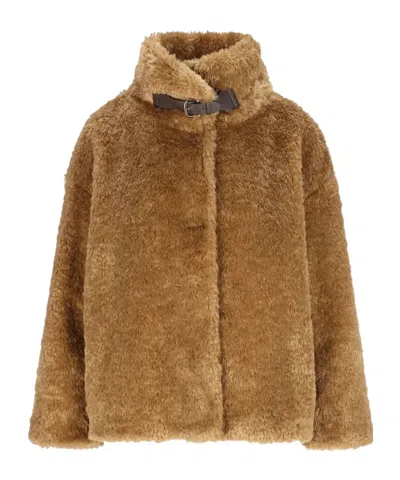 Herno Plush Faux Fur Jacket With High Collar And Buckle Closure In Brown