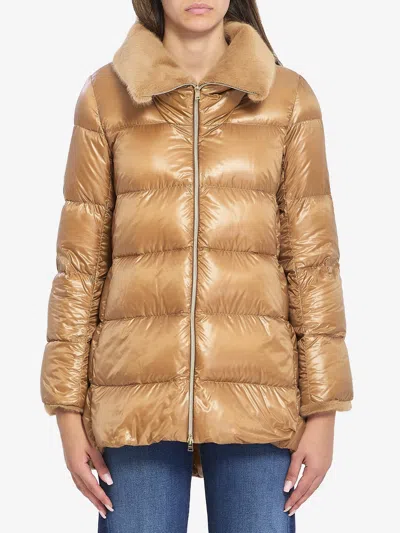 Herno Light Puffer With Collar Fur In Brown