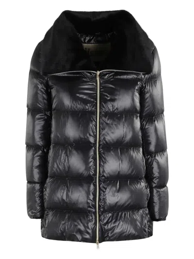 Herno A Shape Ultralight Down Jacket With Eco Fur Collar In Black