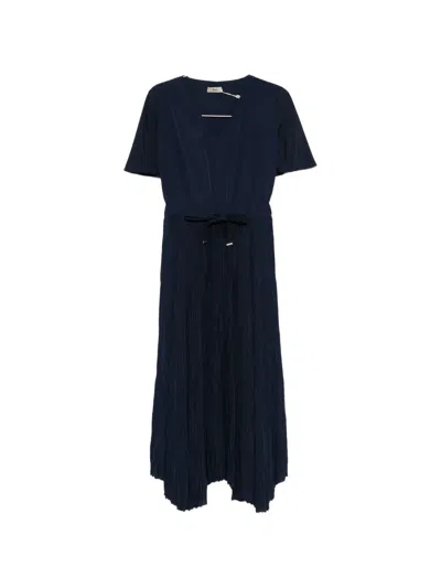 Herno Pleated V-neck Dress In Blue