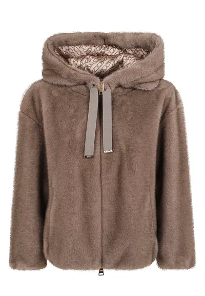 Herno Plush Faux Fur Bomber Jacket With Hood And Adjustable Fit In Brown