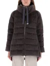 Herno Plush Quilted Coat With High Collar And Ribbon Pulls In Black