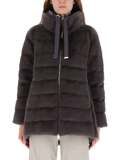 Herno Plush Quilted Coat With High Collar And Ribbon Pulls In Black