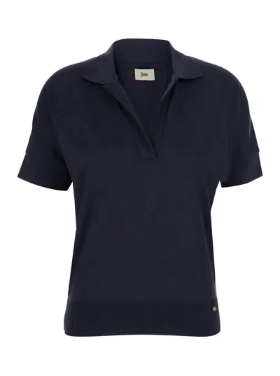 Herno Polo Lyocell Cotton With Ribbed Collar And Short Sleeves In Blue Women