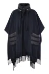 Herno Two-tone Fringe Hem Poncho Drawstring In Navy