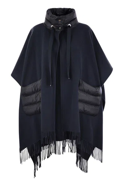 Herno Cape With Quilted Down Panels And Frayed Hem In Black