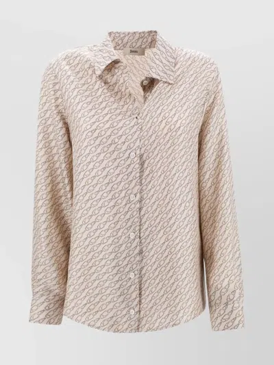 Herno Printed Long Sleeve Top With Cuffed Sleeves In Beige