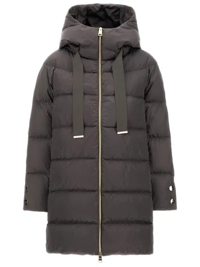 Herno Puffer Coat With Hood And Button-detail Cuffs In Brown