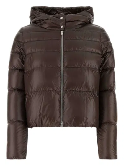Herno Brown Cropped Down Jacket With Fixed Hood With Snap Buttons In Tech Fabric Woman In Black