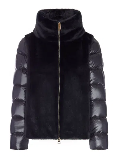 Herno Puffer Jacket With Faux Fur Panel In Black