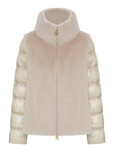 Herno Puffer Jacket With Faux Fur Panel In Neutral