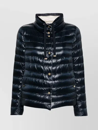 Herno Puffer Jacket With High Collar And Drawstring In Blue