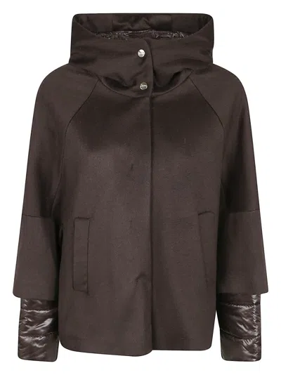 Herno Pure Cashmere Cape With Ultralight Nylon Sleeves And Cozy Hood In Brown