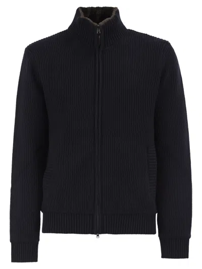 Herno Pure Wool Knit Jacket With High Collar And Faux Fur Lining In Blue
