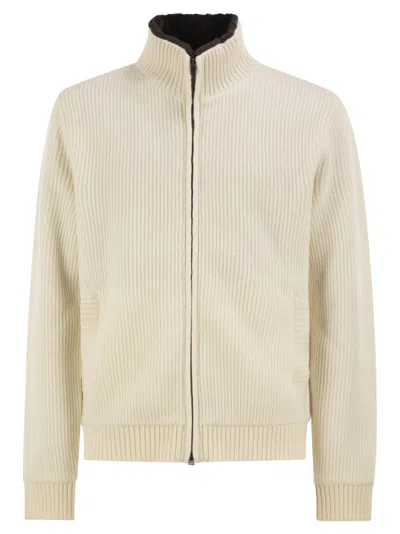 Herno Pure Wool Knit Jacket With High Collar And Faux Fur Lining In Red