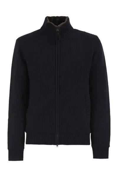 Herno Pure Wool Knit Jacket With High Collar And Faux Fur Lining In Black